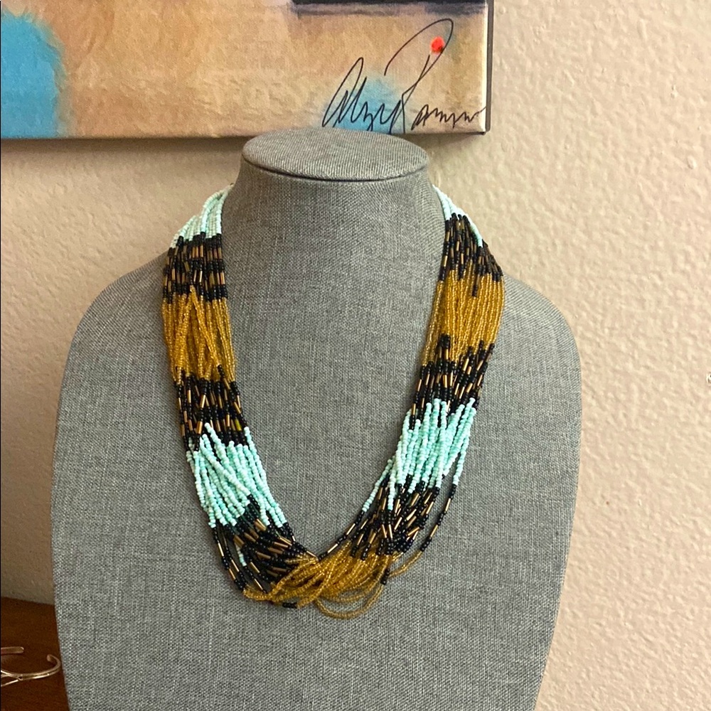 Vintage 80s 24 Strands of Aqua Gold & Black Glass Seed Beads Necklace - Picture 3 of 5